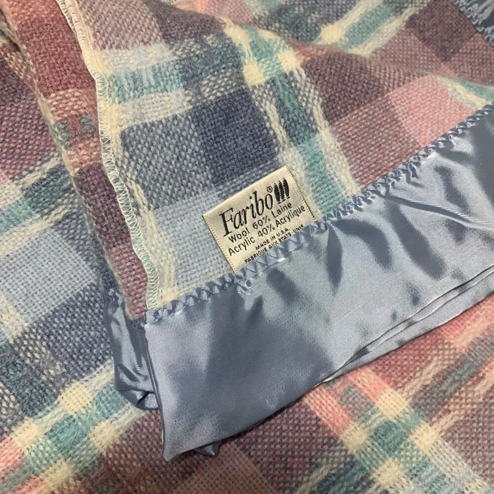Vintage Faribo Plaid Blue Pink Pastel Wool Blend Blanket USA Satin Edge 80x74.5